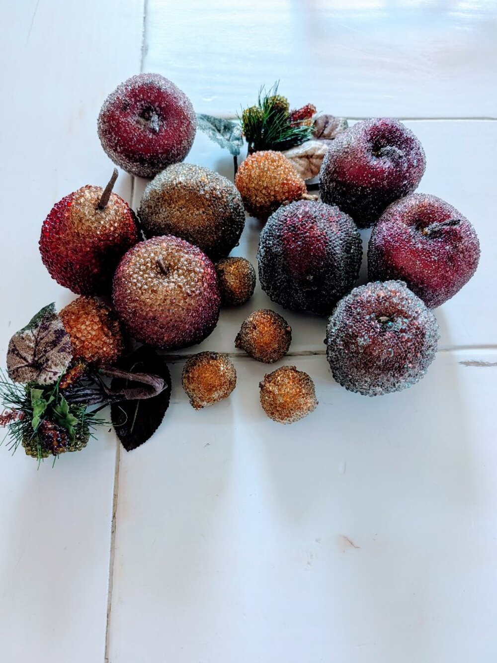 VTG Lot of 14 Faux Fruit Sugar Beads MCM Apples Pear Plums Retro Decor Frosted